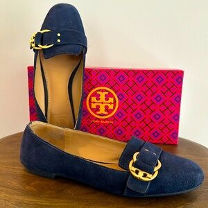 Tory Burch Marsden Smoking Slipper Suede Navy Blue Size 6.5
